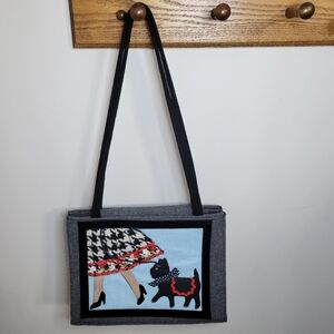 Lulu Guinness Bag Purse Dog Walking Scene With Woman & Scottie Dog Wool Velvet